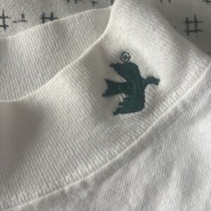 Vintage Soffe’s Choice mock turtleneck, white, green dove on collar, size L